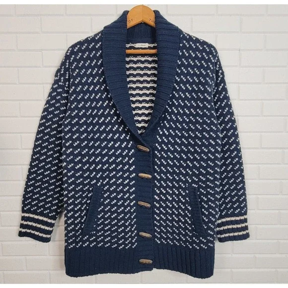 L.L. Bean navy blue shawl neck cardigan lambswool size M/L cottagecore academia - Picture 1 of 7